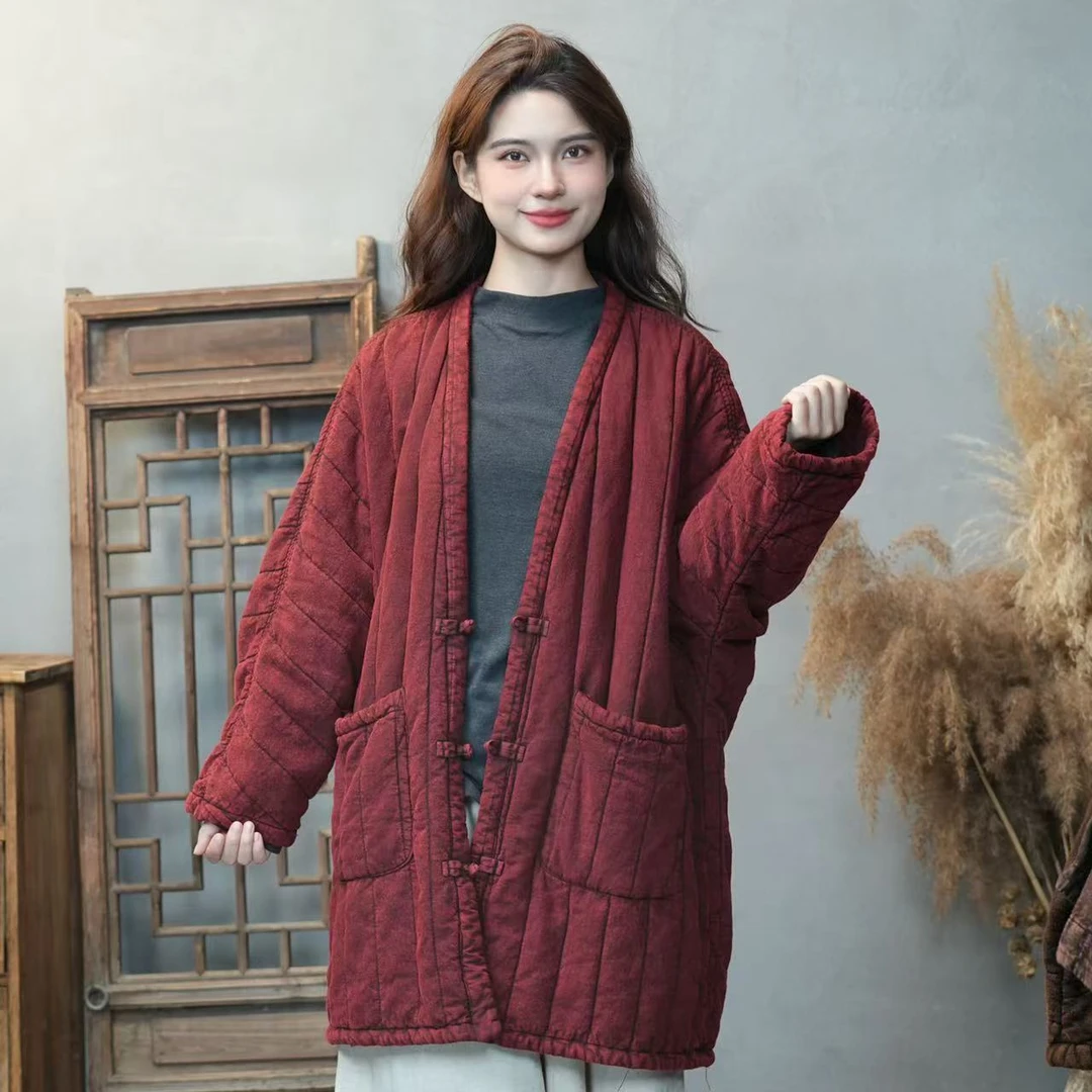亚麻棉服中长款开衫棉衣宽松复古冬季时尚国风