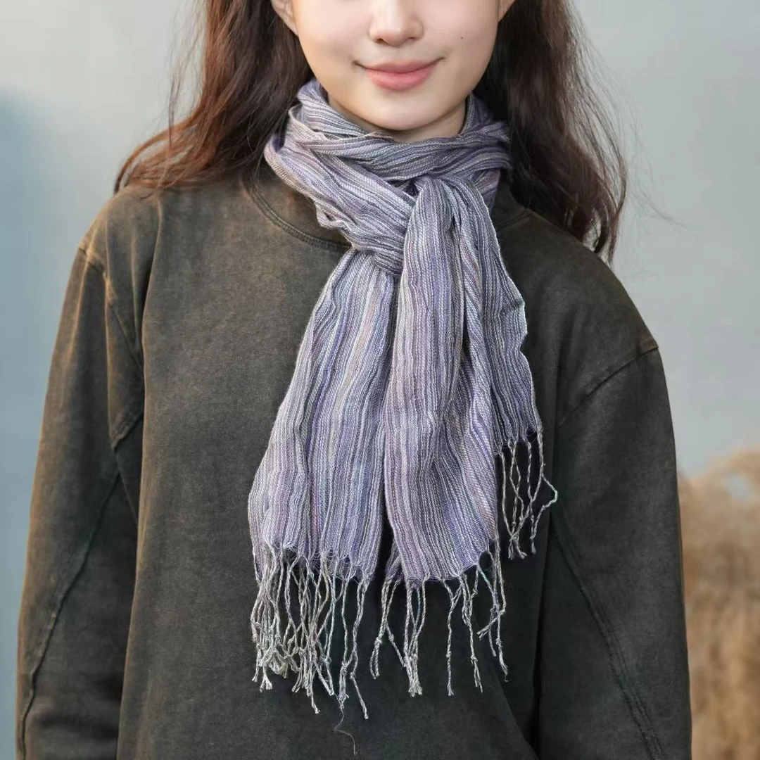 色织麻料围巾女款春秋薄款褶皱围脖针织围脖（ 长155 宽32）