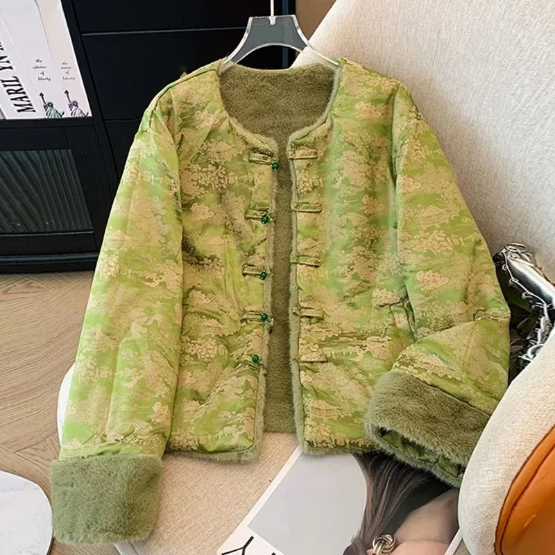 2024新中式盘扣双面穿秋冬毛毛外套提花缎面加绒加厚中国风