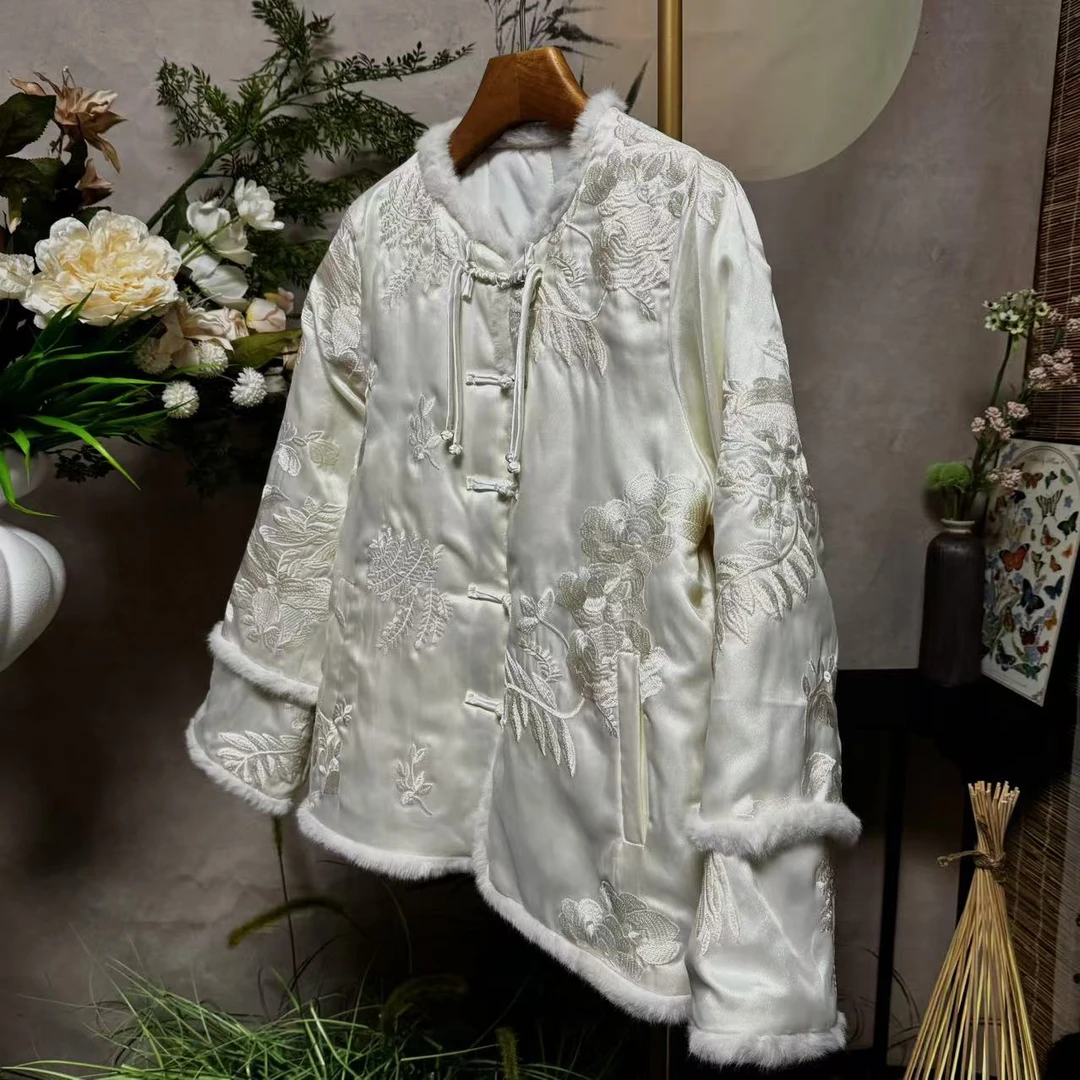 高级感丝缎刺绣双层欧根纱棉衣棉服女冬季毛毛领新中式夹棉外套