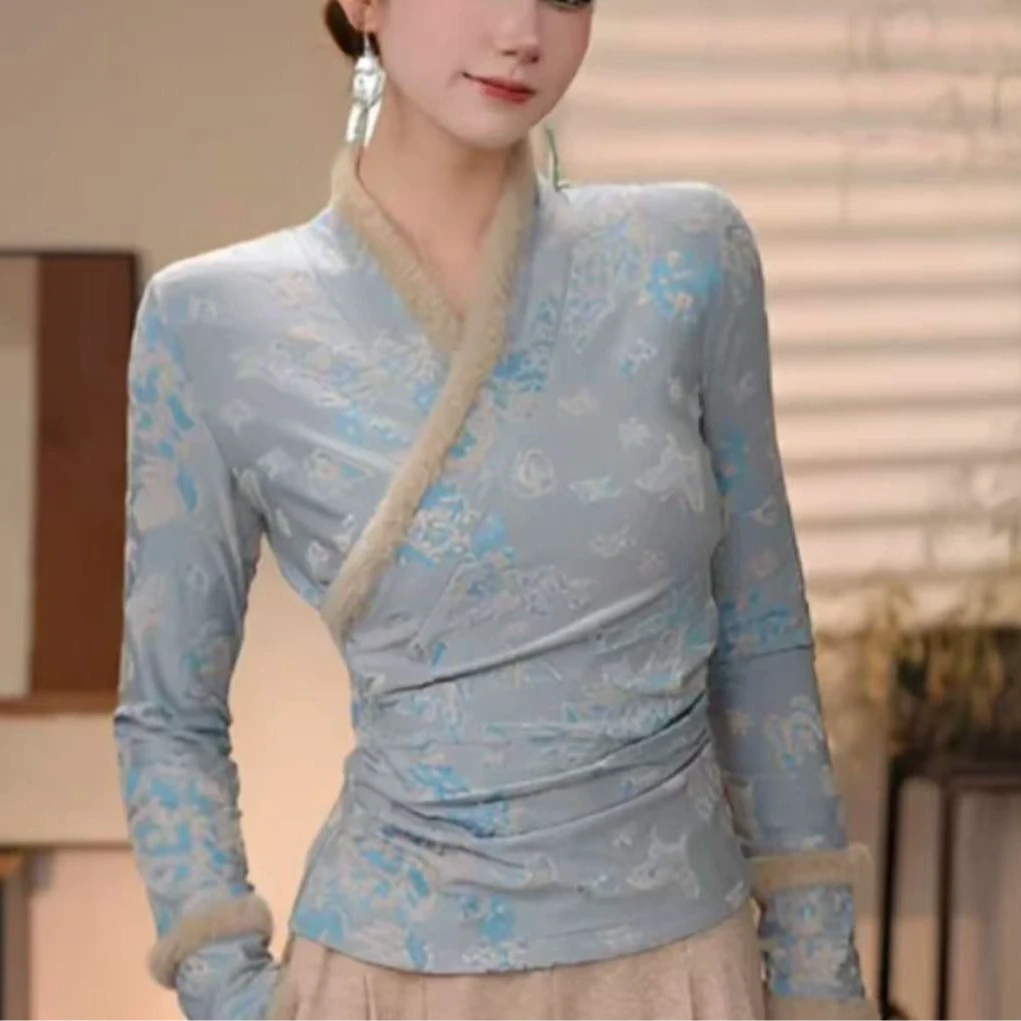 气质时尚显瘦碎花长袖修身刺绣秋冬复古打底