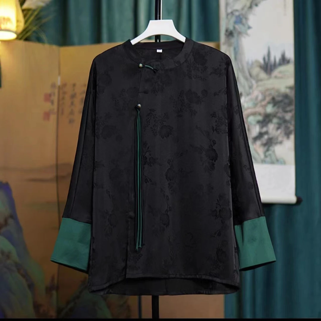 新中式高级撞色丝花萝流苏盘扣国风衬衫