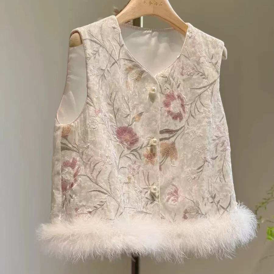 新中式国风重工亮片刺绣拼接鸵鸟毛马夹女秋冬设计感气质马甲