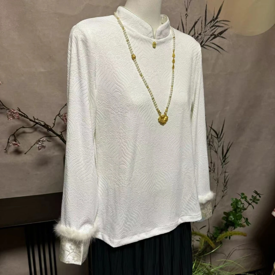 新中式国风漂亮水貂毛小衫白色盘扣内搭上衣打底衬衫女秋冬2024新