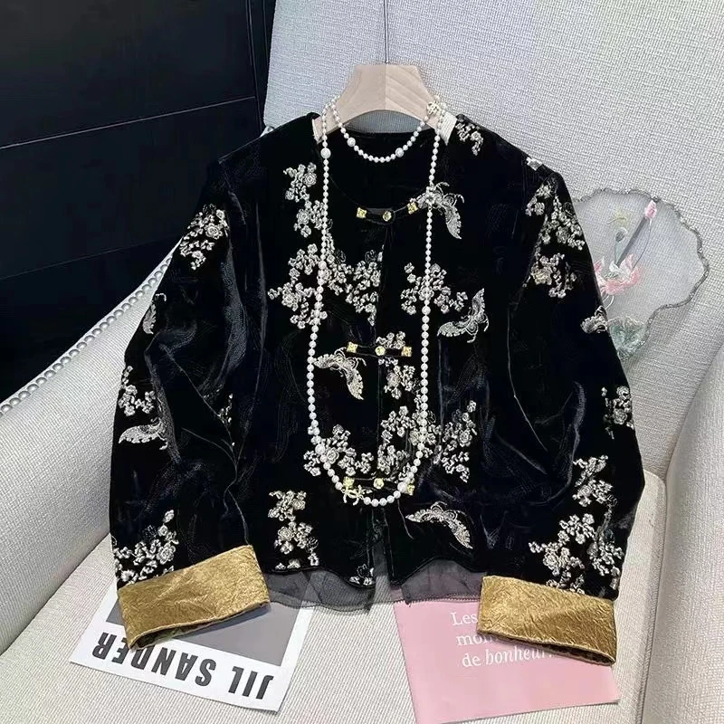 深圳南油国风复古新中式秋季女装丝绒上衣长袖重工刺绣小外套