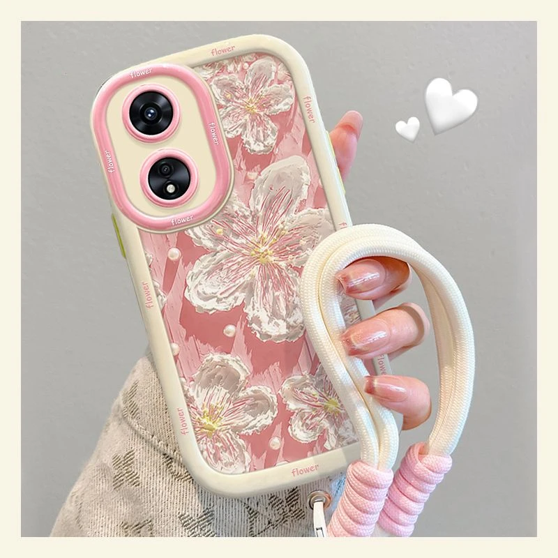 油画珍珠白花oppoa97手机壳卡通带挂绳OPPOa96硅胶95全包93s防摔