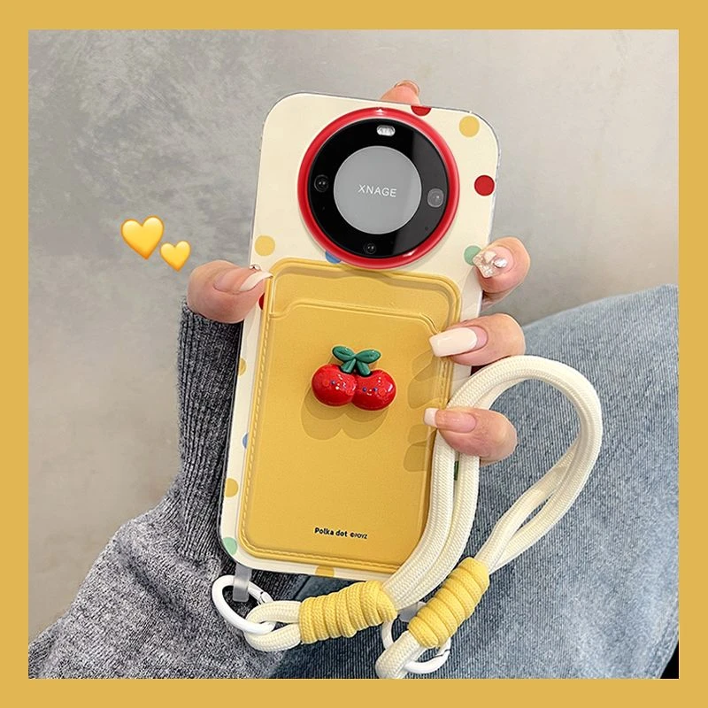 樱桃波点华为mate60pro手机壳带挂绳轻奢HUAWEImate50简约40新款