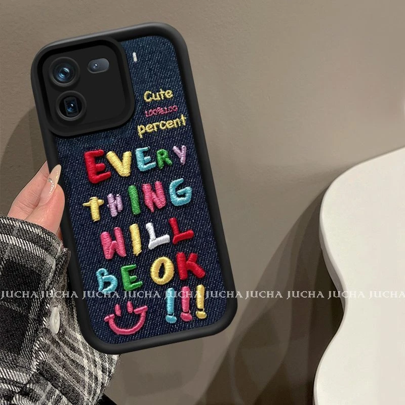 牛仔刺绣英文适用vivoiqoo12手机壳高级感防摔VIVOiqoo11pro外壳