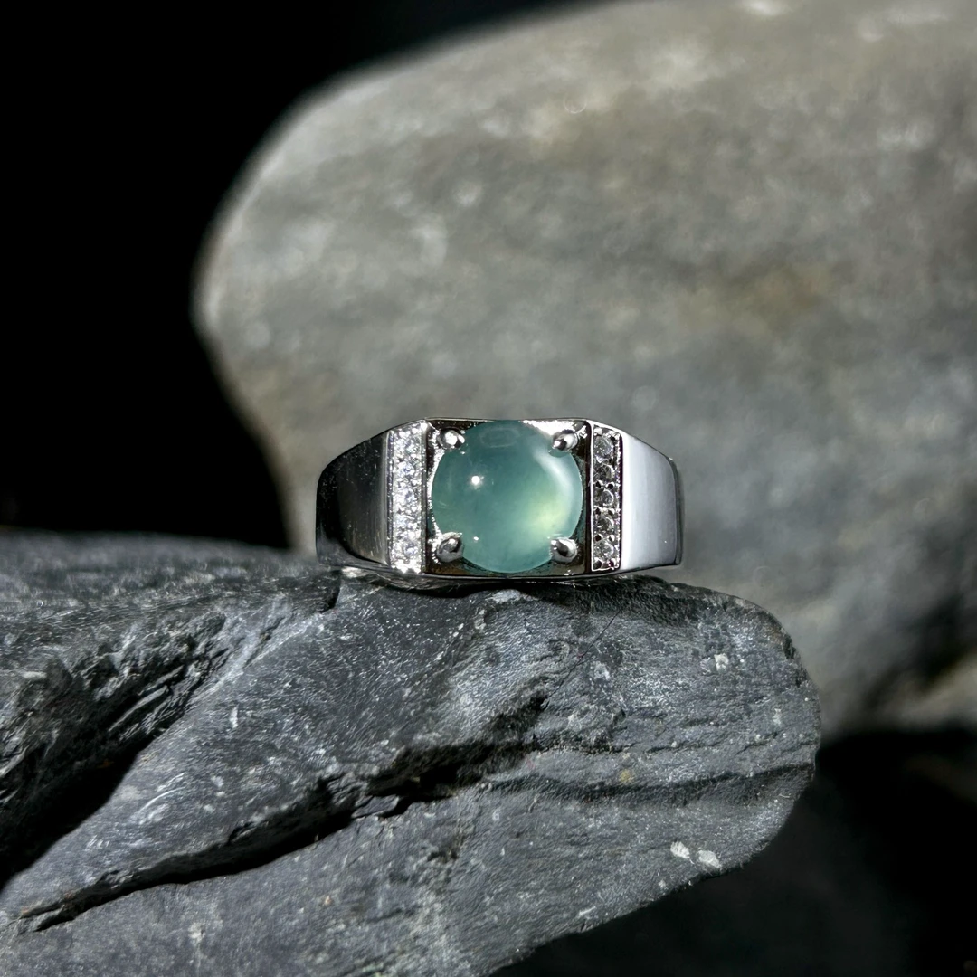 天然翡翠蓝水戒指男款女款气质时尚镶嵌素款复古简约精美个性大气