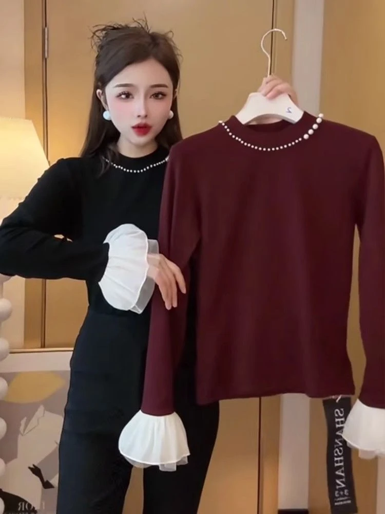 喇叭秋冬加绒长袖气质T恤重工2024钉珠新款洋气打底显瘦大码百搭