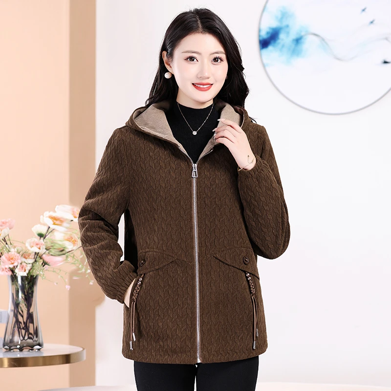 1922冬季新款加绒加厚连帽外套中老年拉链洋气保暖上衣时尚妈妈装