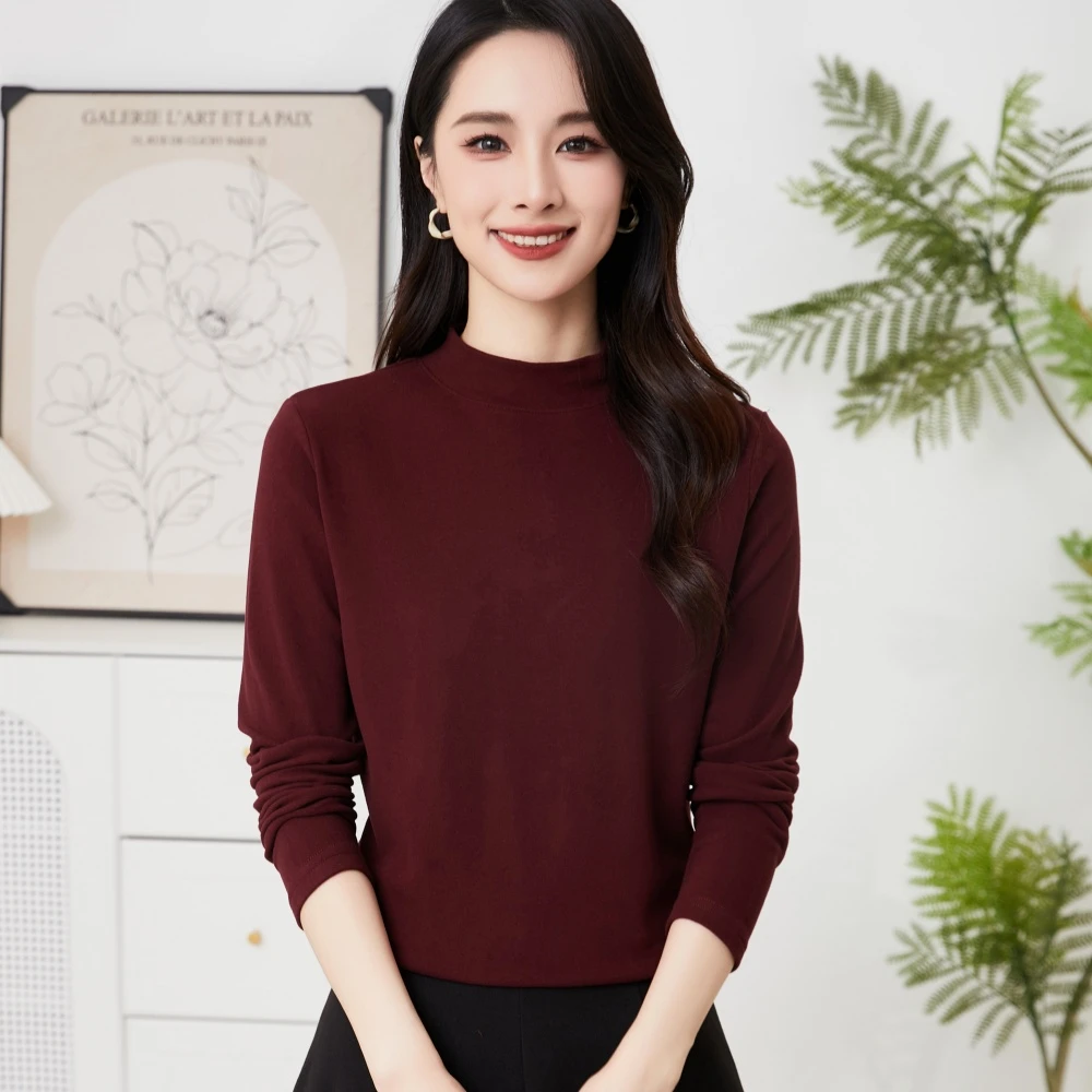 高品质女士双面澳绒小立领显瘦长袖纯色基础款打底衫内搭3013