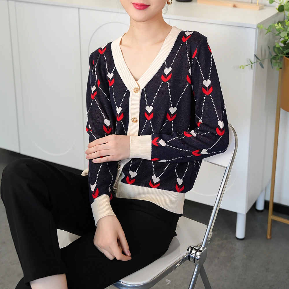 【秋季新款】C7843藏蓝色高端轻奢小香风撞色韩系设计感针织开衫