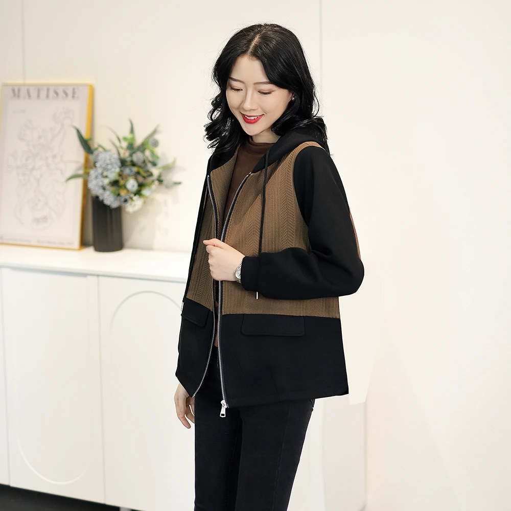 【秋冬新款】小众韩版复古简约撞色拼接休闲连帽外套AQ3035 衣长63