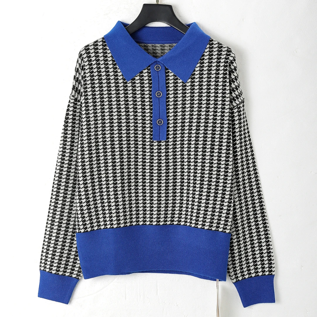 【秋季新款】C7486蓝色高端轻奢法式小香风设计感翻领套头针织衫