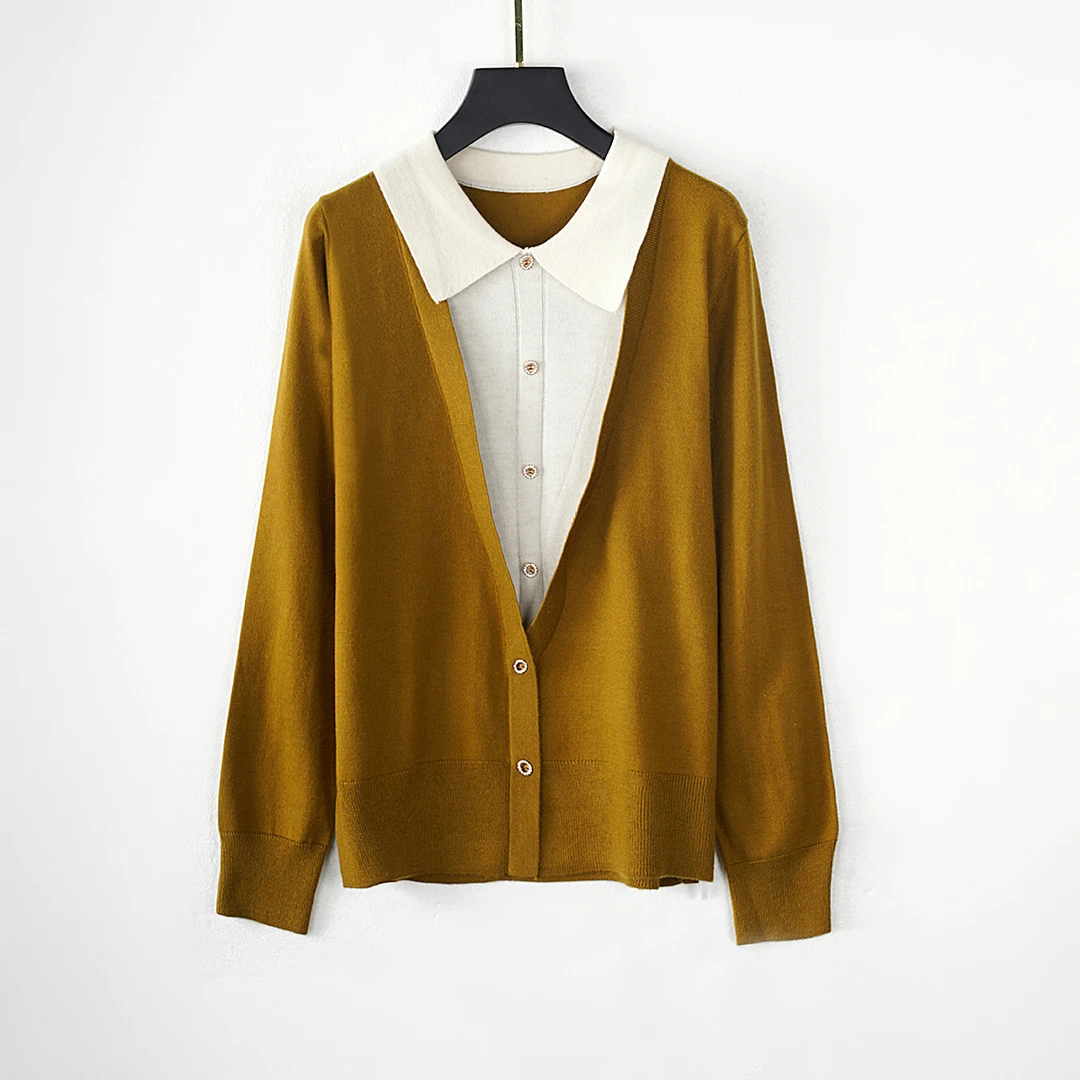 【秋冬新款】C8319绿色高端设计感韩版气质休闲百搭翻领针织衫