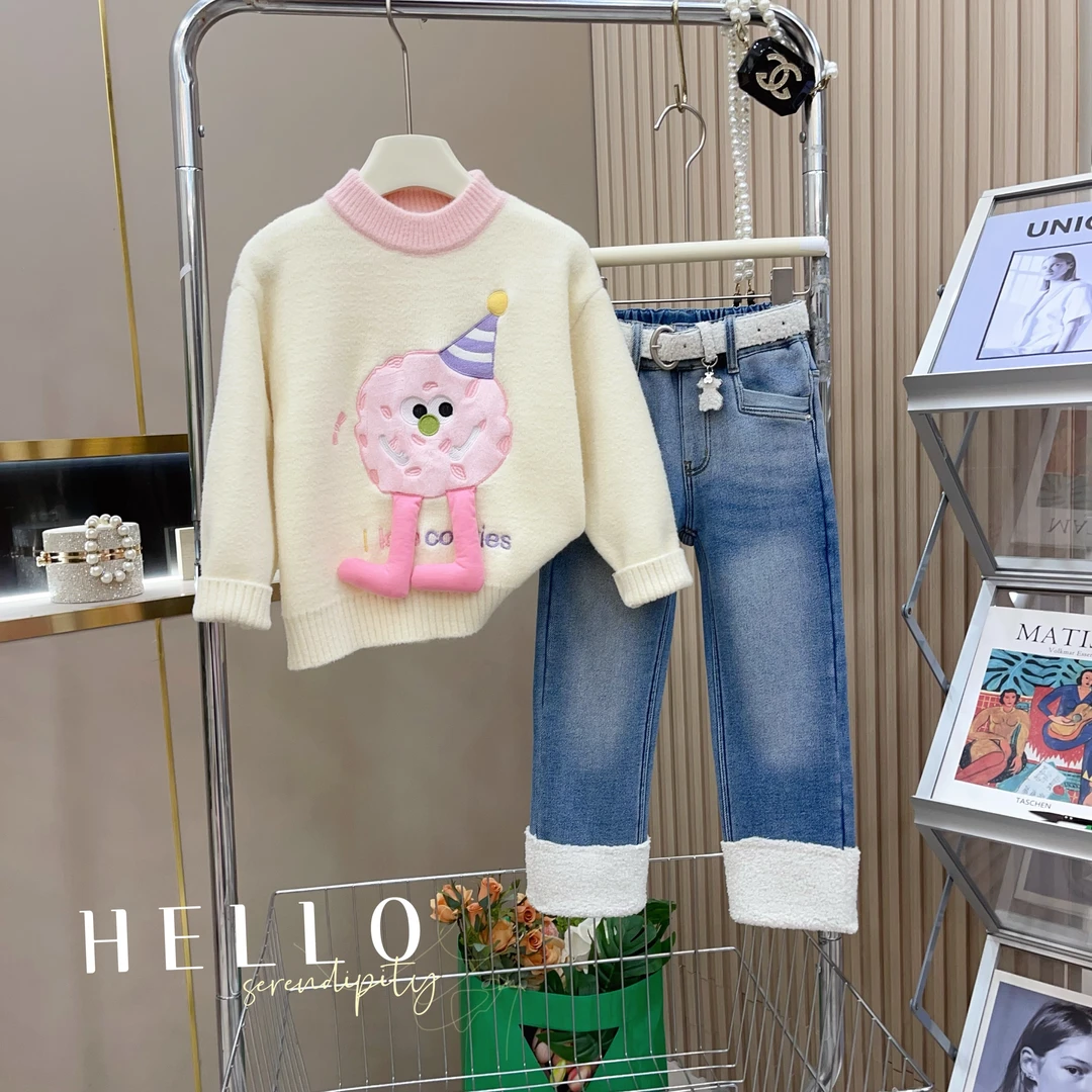女童2023秋冬一体绒卡通毛衣+加绒牛仔烟管裤两件套-8256