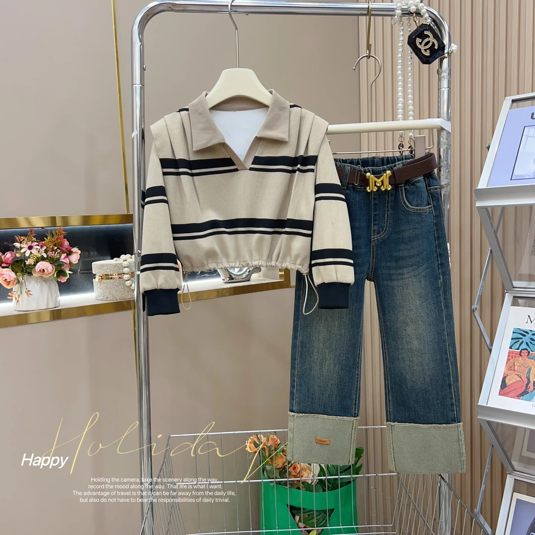 女童2024秋季新款韩版洋气卫衣+牛仔烟管裤套装-9563
