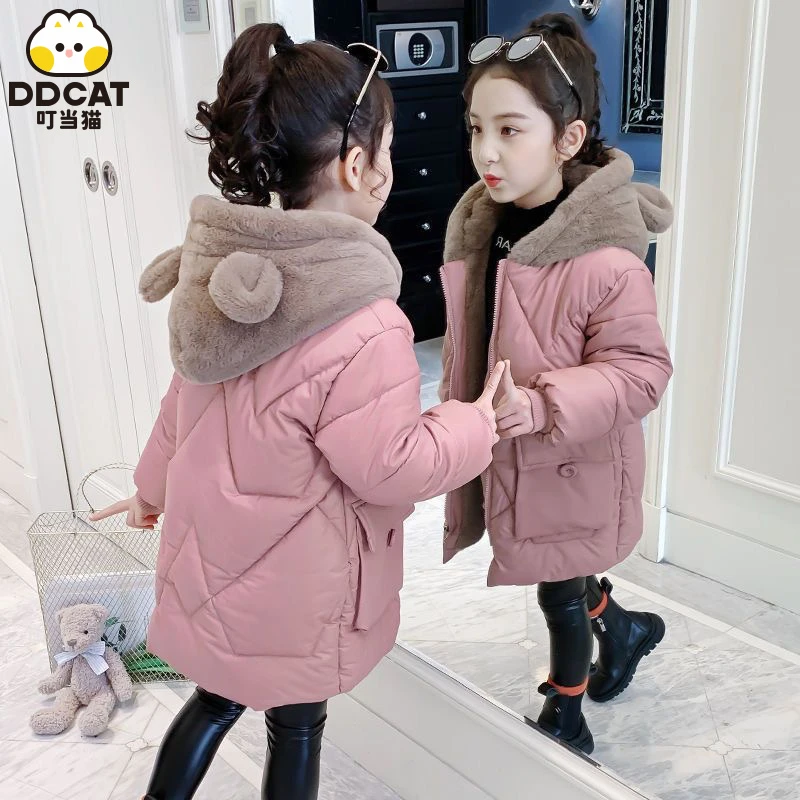 冬季女童棉服加厚2023新款儿童中大童加绒棉衣可爱中长款洋气外套