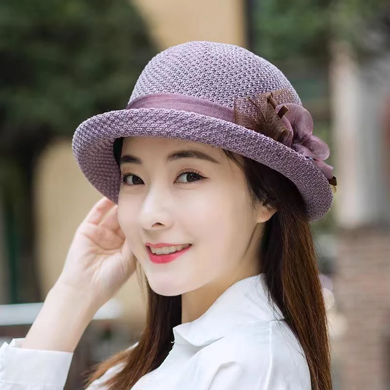 时尚英伦花朵礼帽女夏季遮阳防晒帽子法式卷边太阳帽户外网纱盆帽