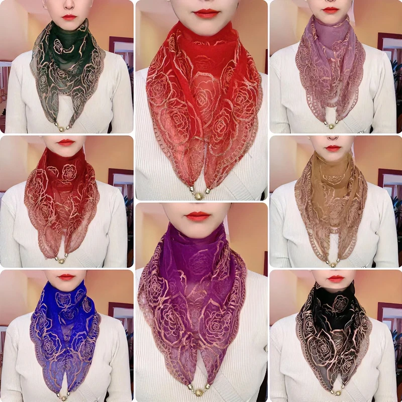 【民族风绣花款磁扣三角巾】百搭护颈洋气装饰围巾保暖女塑形靓丽