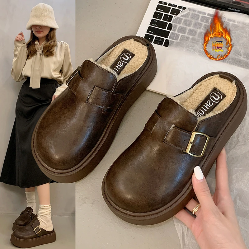 高级感厚底增高包头半拖鞋女2024秋冬新款加绒勃肯鞋一脚蹬懒人鞋