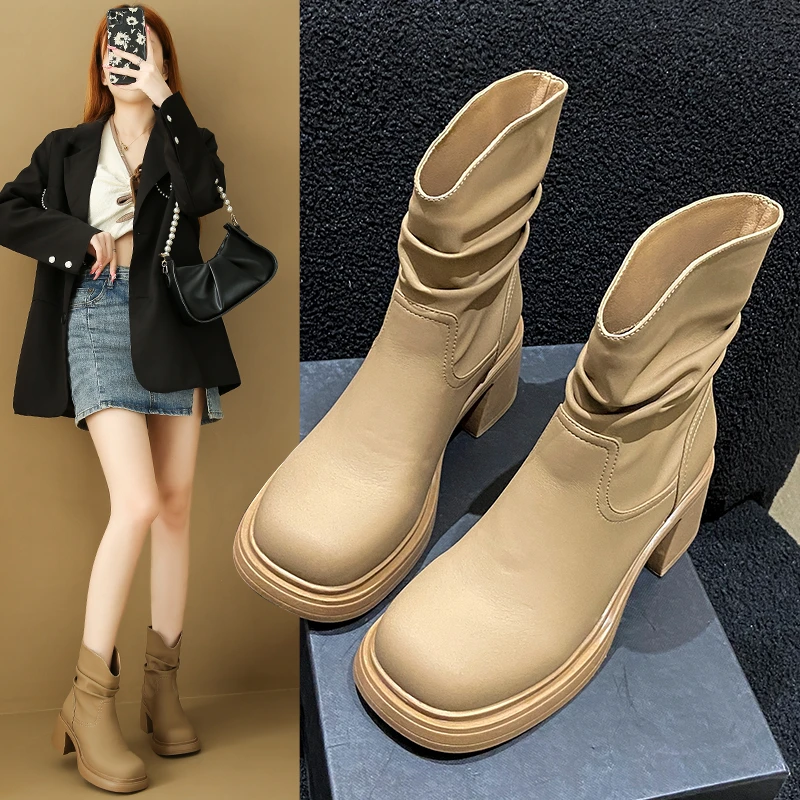 洋气高跟短靴女粗跟瘦瘦靴2024新款秋冬时尚小个子单靴低跟马丁靴