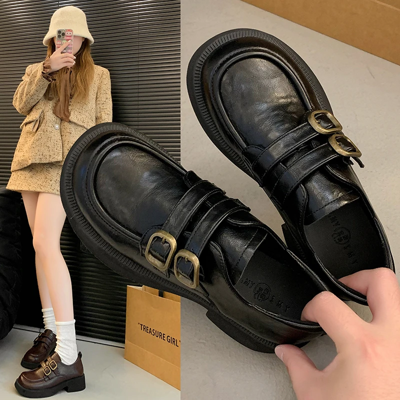 厚底英伦风小皮鞋女2025新款春秋一脚蹬女鞋黑色单鞋学院风乐福鞋