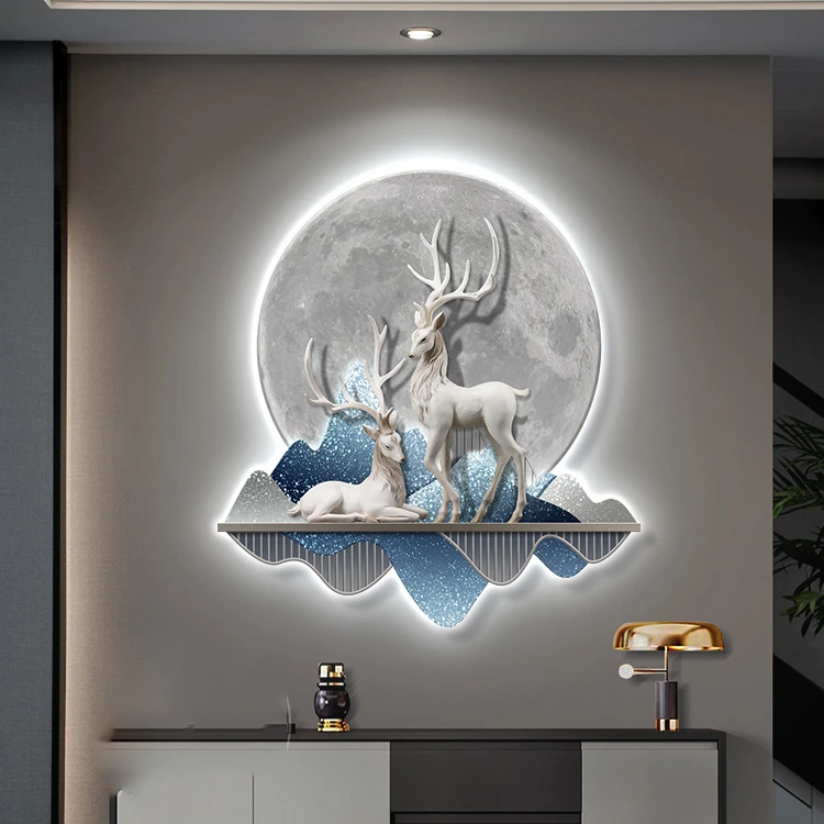 现代轻奢玄关装饰画高级感LED灯画麋鹿客厅餐厅挂画走廊过道壁饰l
