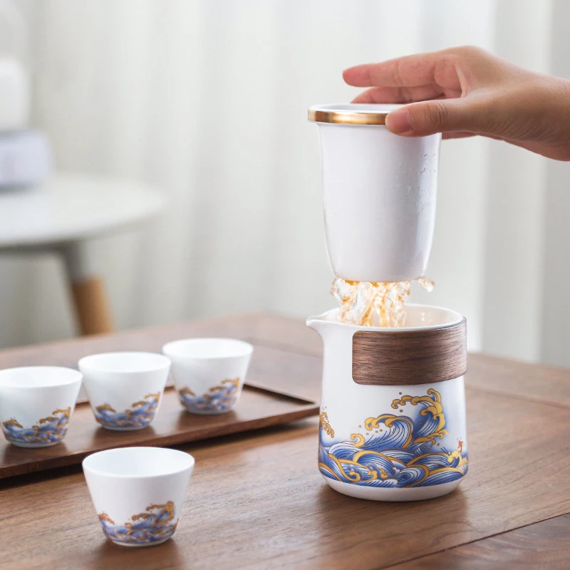 六晋海浪旅行茶具套装便携式茶壶白瓷快客杯户外车载随行茶具礼物