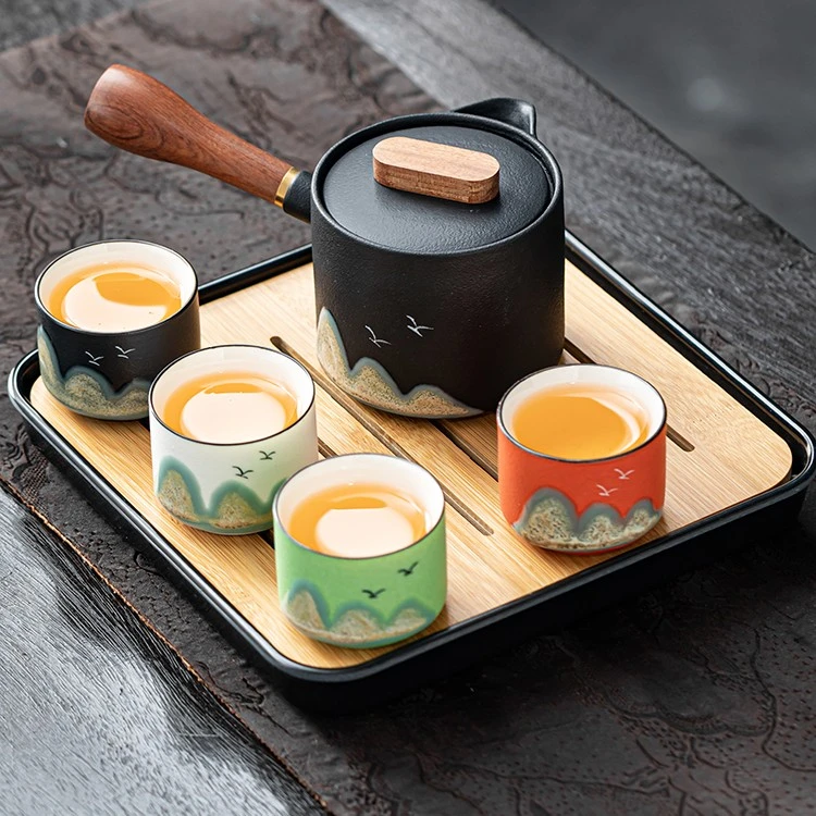 六晋远山手绘旅行茶具套装家用户外陶瓷一壶四杯便携式茶壶泡茶器