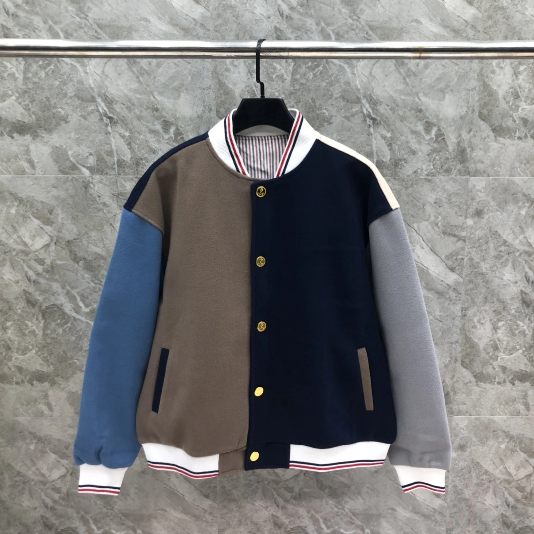 高奢毛呢立领短夹克休闲撞色秋冬男士女士情侣装新款拼色外套百搭