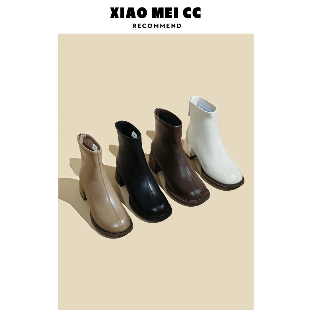 秋冬爆款靴子女高跟小短靴洋气又高级粗跟网红瘦瘦靴圆头马丁靴女
