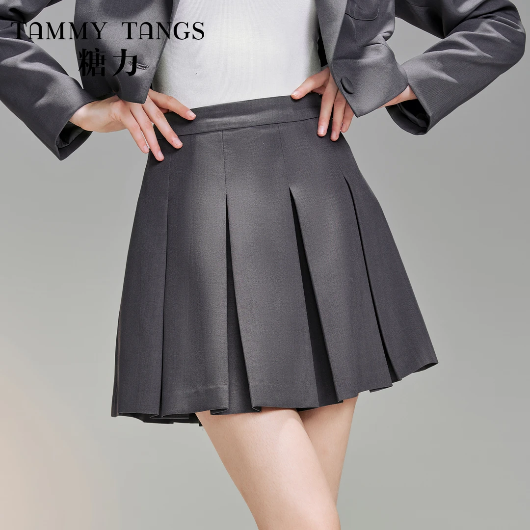 【老板娘夏天】糖力 春秋季新款学院风西装百褶裙显瘦A字半身裙