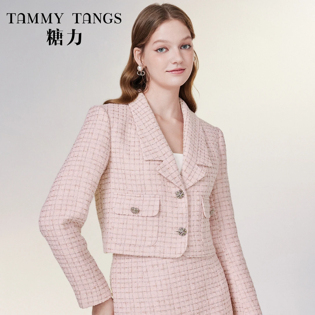 【黄蓉推荐】糖力春秋新款钻饰银线编织粗花呢小香风短外套女