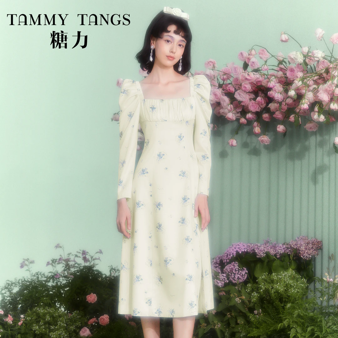【老板娘夏天】糖力温柔优雅 长袖碎花裙子开叉中长款印花连衣裙