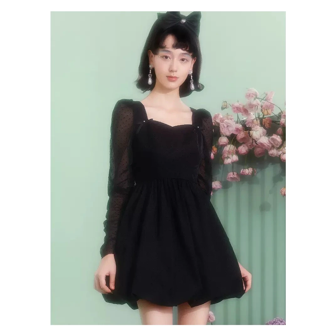 【小铃铛专属】糖力春季新款长袖收腰显瘦植绒网纱花苞连衣裙女