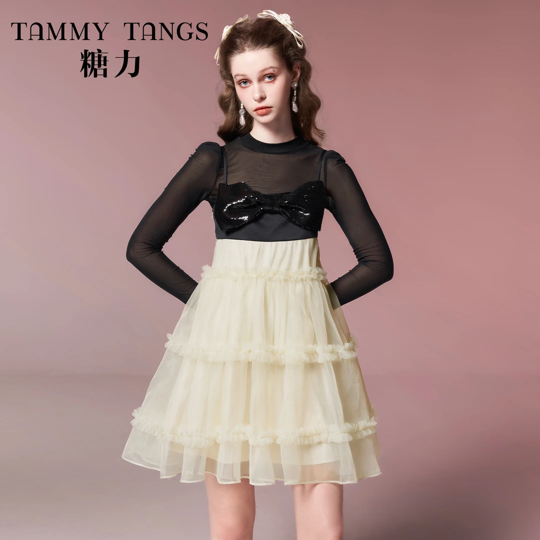 【老板娘夏天】糖力 珠片蝴蝶结娃娃裙 仙气拼色网纱吊带连衣裙