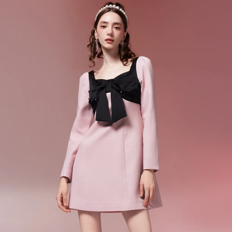 糖力春秋新款精致减龄拼色蝴蝶结长袖显瘦连衣裙