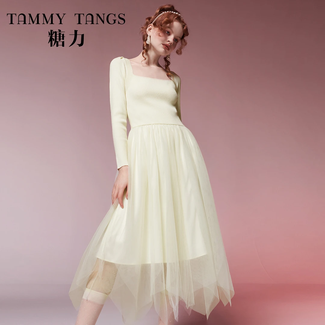 【老板娘夏天】糖力 春秋新款长袖网纱拼接针织连衣裙女中长款