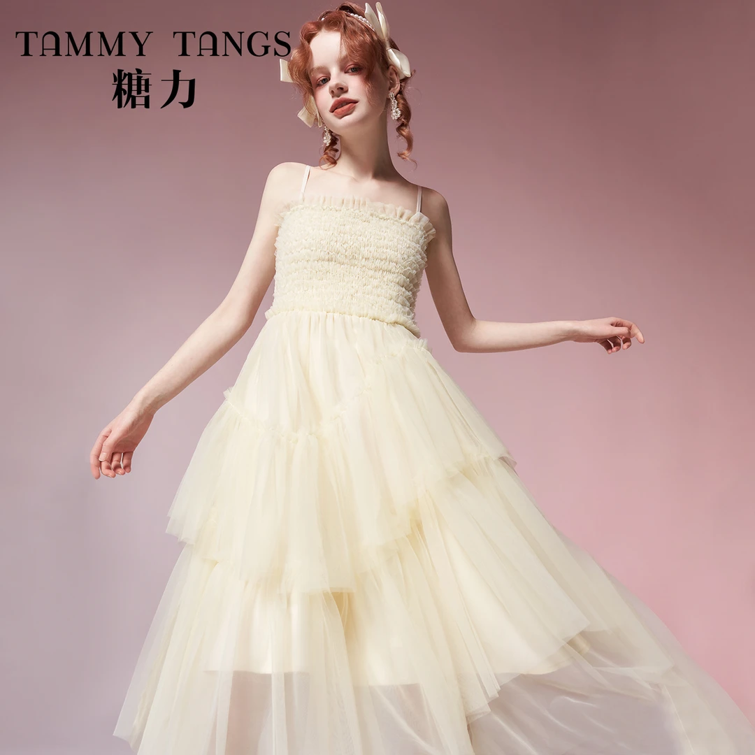 【若谷专属】糖力网纱吊带连衣裙打揽显瘦中长款裙子