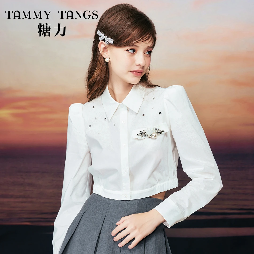 【老板娘夏天】糖力春秋季衬衫女长袖手缝钻饰短款显瘦衬衣上衣