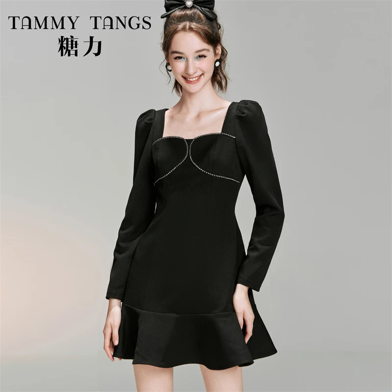 【老板娘夏天】糖力法式小黑裙长袖精致钻饰方领显瘦鱼尾连衣