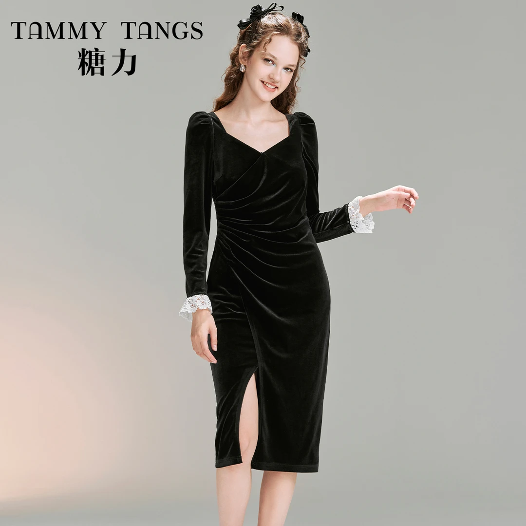 【若谷专属】糖力优雅气质中长款丝绒连衣裙TWEDQ52233