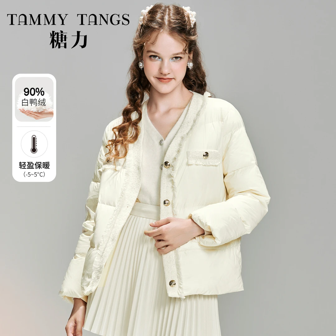 7456【金拐子专属】糖力小香风V领流苏羽绒服外套TWEDW47456