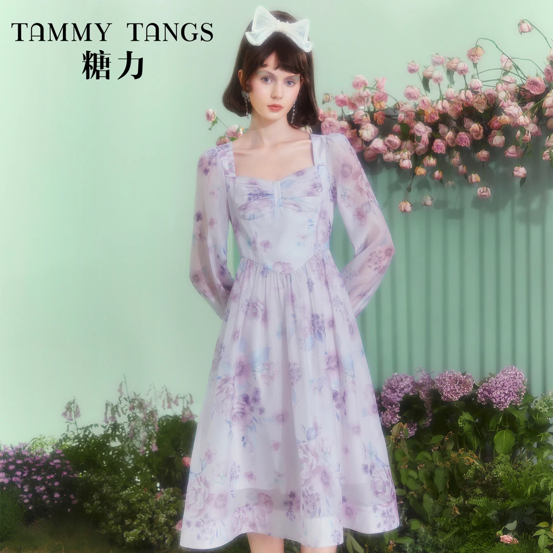 【老板娘夏天】糖力中长款欧根纱印花连衣裙