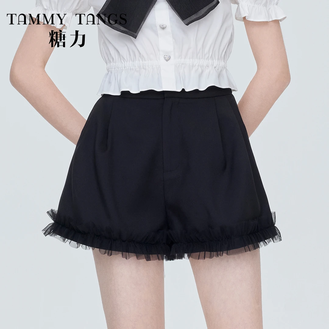 【老板娘夏天】糖力网纱点缀A字阔腿西装短裤女夏季