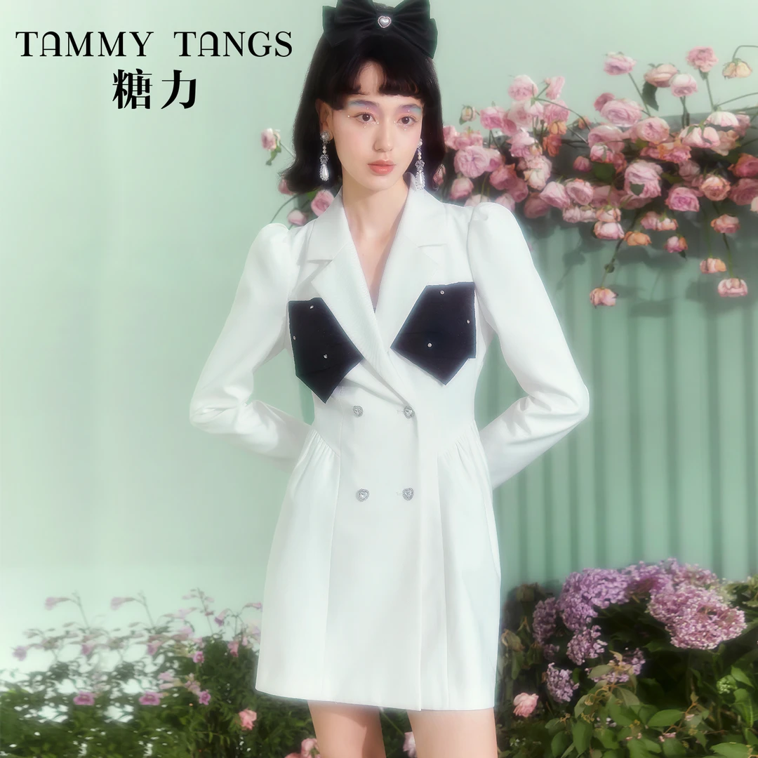 【老板娘夏天】糖力春新款气质长袖钻饰蝴蝶结造型西装连衣裙女