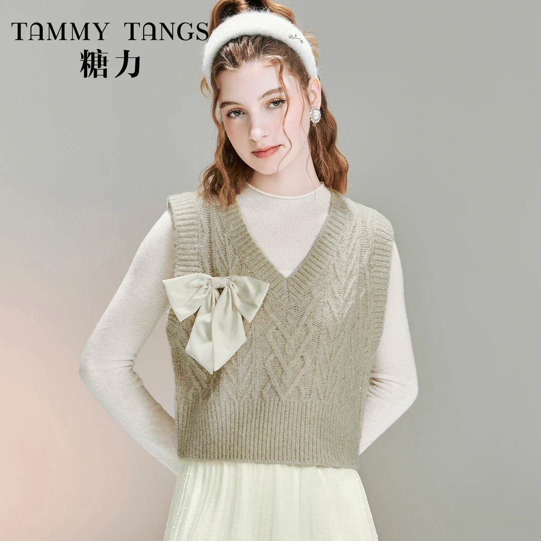 【旗舰店专属】糖力秋冬撞色蝴蝶结亮片针织背心女外搭马甲上衣