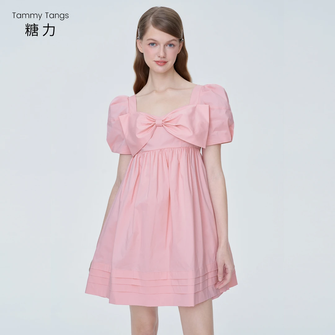 【诗语专属】糖力 甜美减龄 夏季新款短袖蝴蝶结衬衫连衣裙